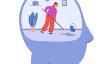 A woman cleaning and mopping the floor inside the picture of a head, Spring Cleaning with Meaning blog, begin counseling today, katy texas 77494