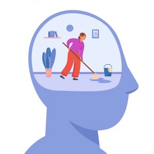 A woman cleaning and mopping the floor inside the picture of a head, Spring Cleaning with Meaning blog, begin counseling today, katy texas 77494